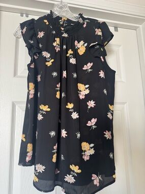 Womens Black Floral Sleeveless Blouse with Ruffle Shoulders